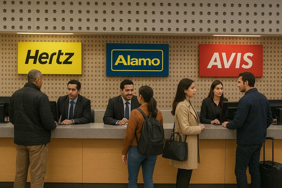 Mostradores de Hertz, Alamo, y AVIS en el aeropuerto ciudad de Mexico con agentes asistiendo a pasajeros