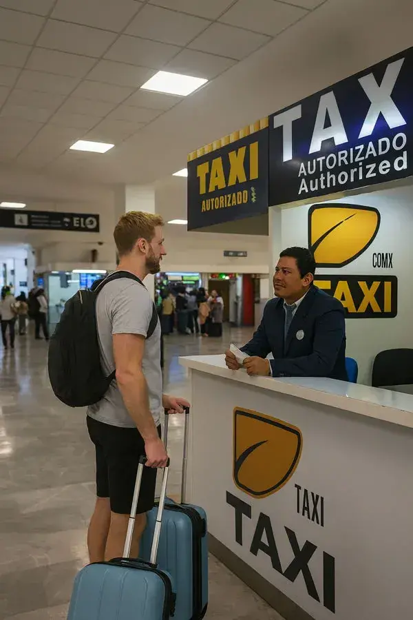Pasajero con equipaje en el mostrador de reservas de taxis del aeropuerto de ciudad de M&eacute;xico