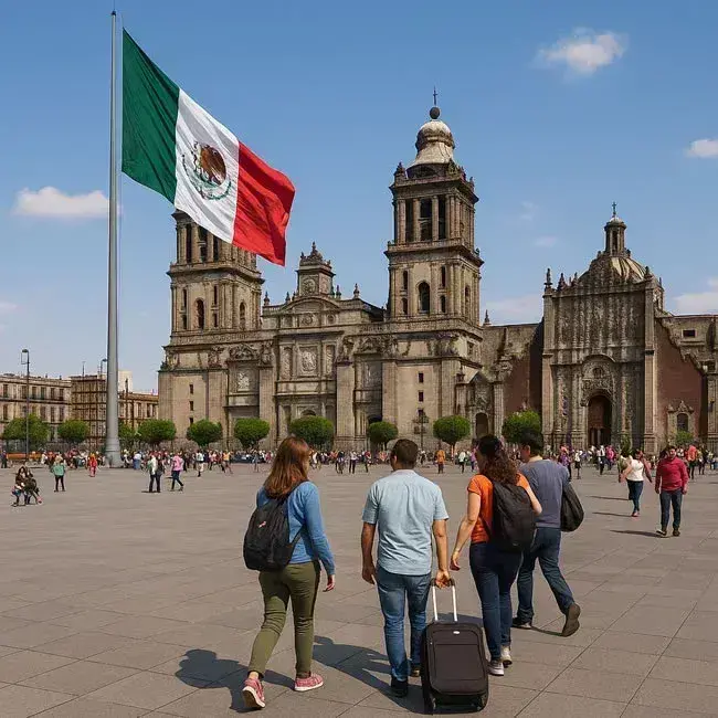 Plaza del Z&oacute;calo en Ciudad de M&eacute;xico con la Catedral Metropolitana al fondo y la gran bandera mexicana ondeando, rodeada de turistas y visitantes.